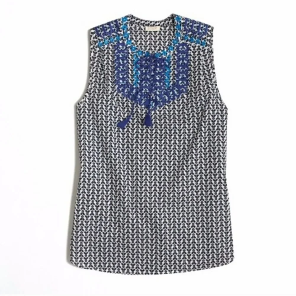 J Crew Embroidered Pri Ted Cotton Tank Top with Tie Tassel Size 00